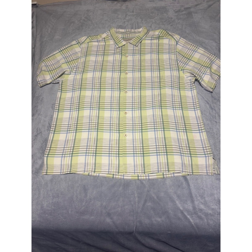 Tommy Bahama Mens XXL Green White Blue Plaid Button Front Original Fit Shirt